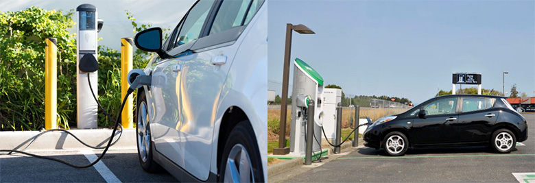 At left: An electric vehicle plugged into a Level 2 charger. At right: An electric vehicle plugged into a direct current fast charger in a mall parking lot.