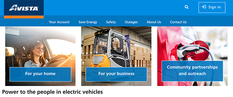 Screenshot of Avista's web page on electric vehicle charging, showing the heading "Power to the people in electric vehicles" and EV charging options for your home, for your business, and community partnerships and outreach.