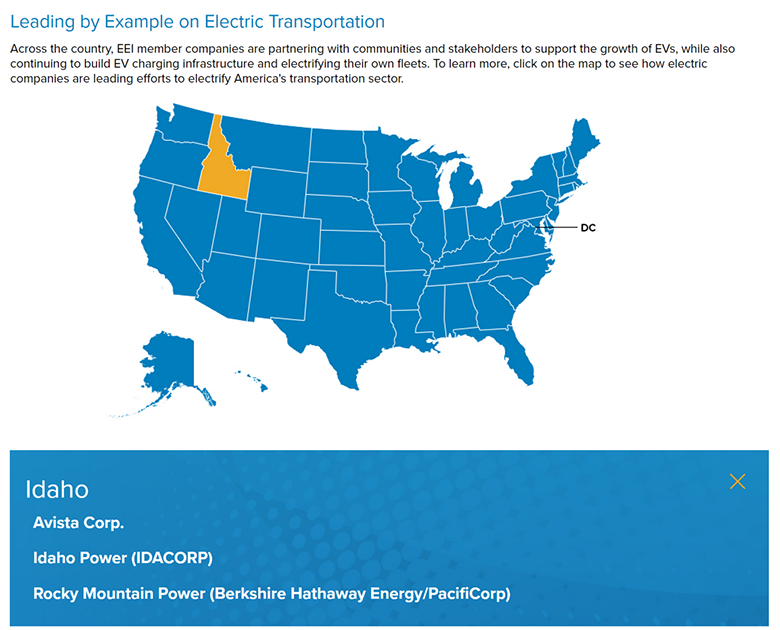 Screenshot of Edison Electric Institute's web portal showing an interactive map of the United States that provides information on the utilities in each state.