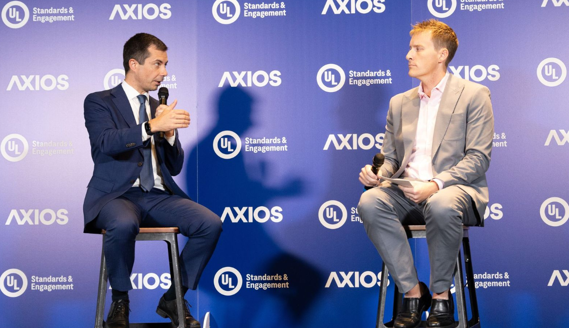 "Secretary Buttigieg and Axios reporter Nathan Bomey. Photo Hector Emanuel/Axios"