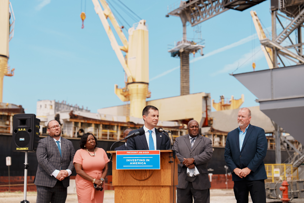"Secretary Pete Buttigieg toured the new DeLong agriculture export facility at Port Milwaukee, recently awarded a $9 million grant from President Biden’s Bipartisan Infrastructure Law to help move more goods around the U.S. and the world."