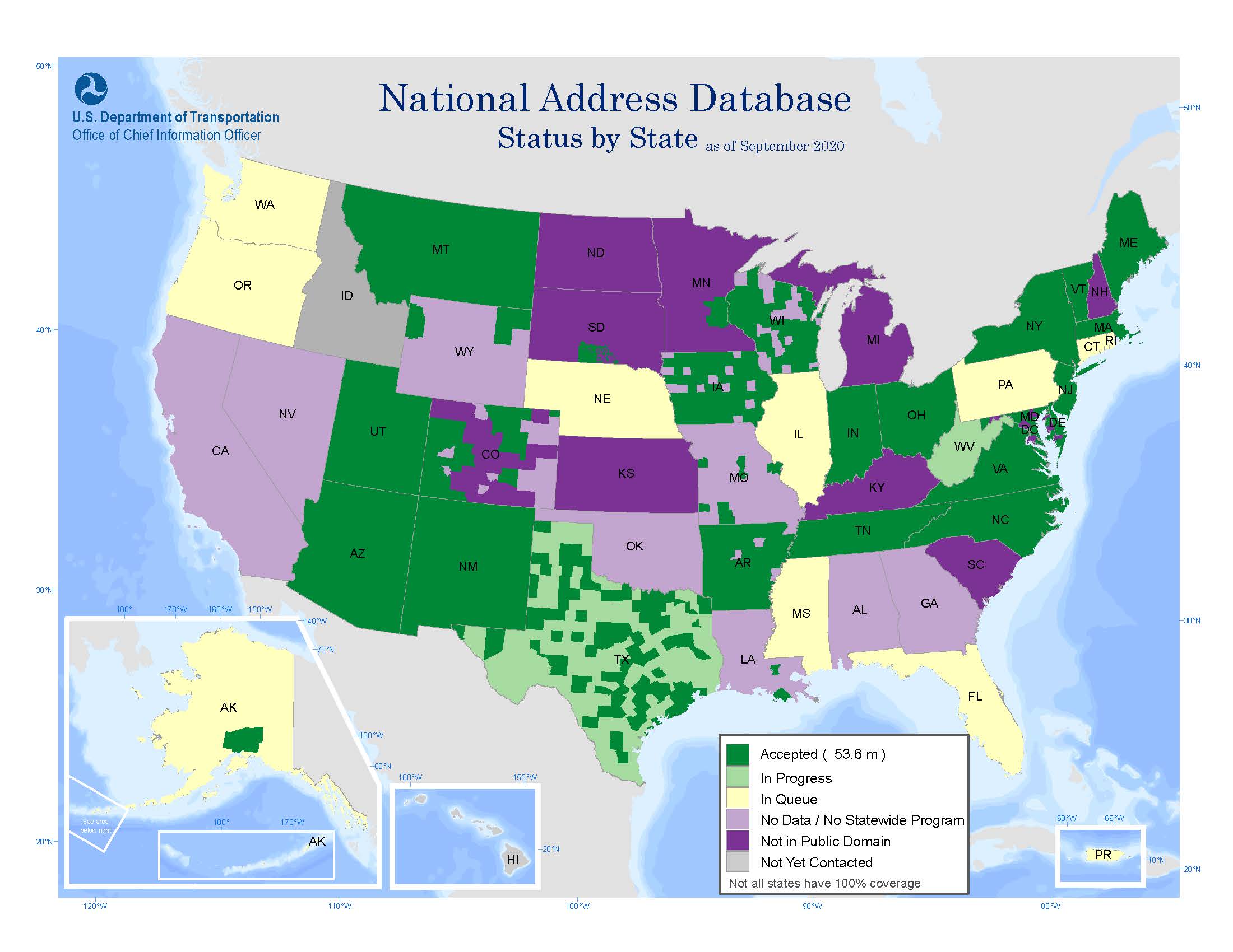 "The map includes a color-coded key that identifies the National Address Database (NAD) processing status level by county."