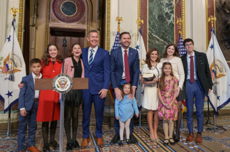 U.S. Transportation Secretary Sean Duffy with his family at his ceremonial swearing-in by Vice President JD Vance. 