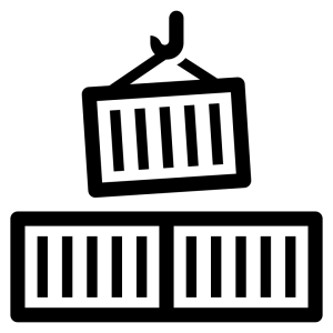 Line art of stacked freight containers with one being lifted by a hook.