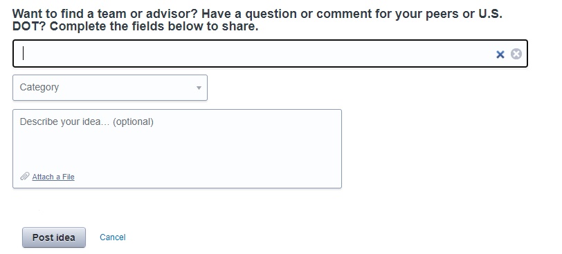 Image of Comment box on the Open Forum webpage that shows idea box, category dropdown, and description box