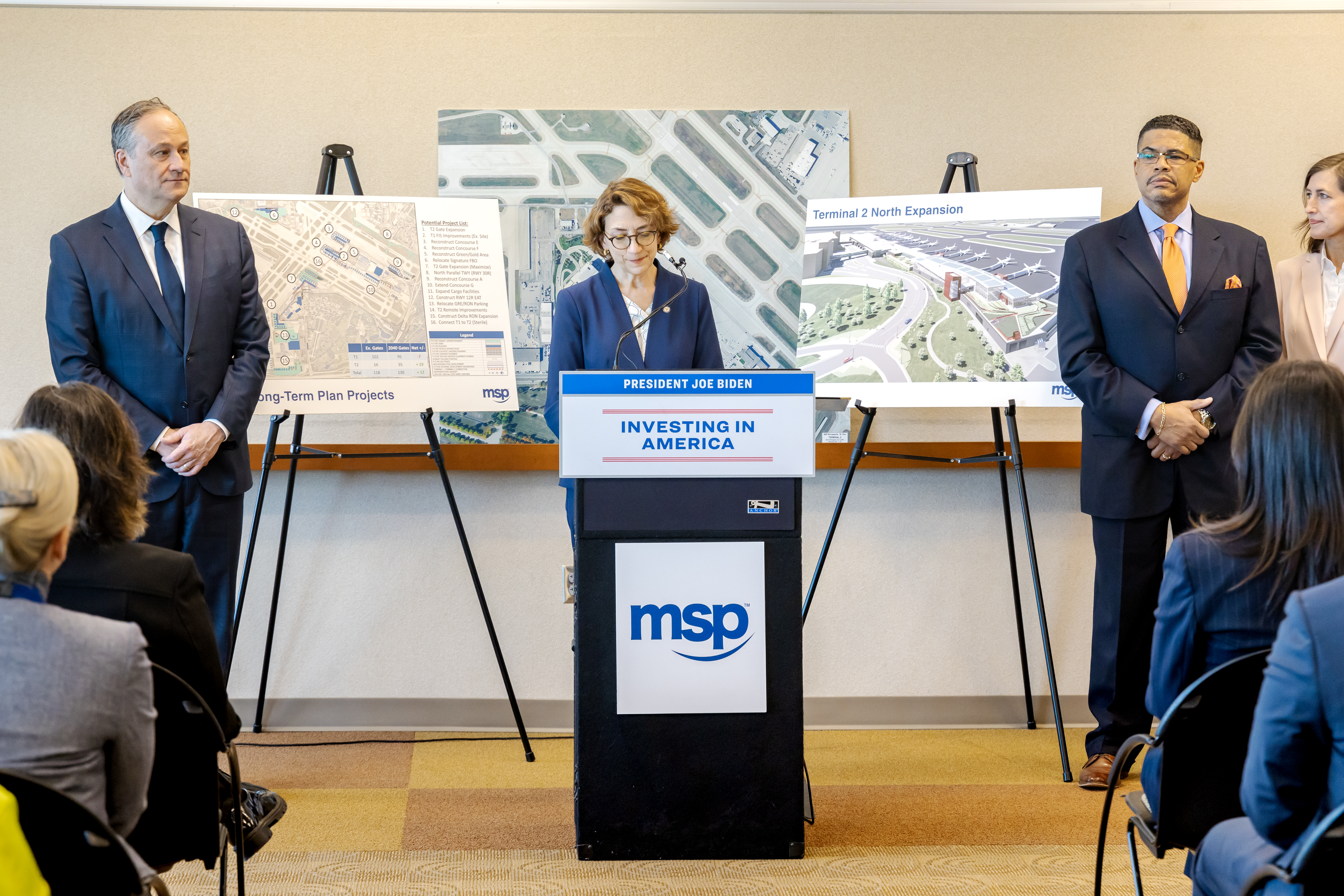 Deputy Secretary Trottenberg gives remarks at news conference at MSP with Second Gentleman Douglas Emhoff, business owner Frederic Estes, and federal, local and aviation leaders