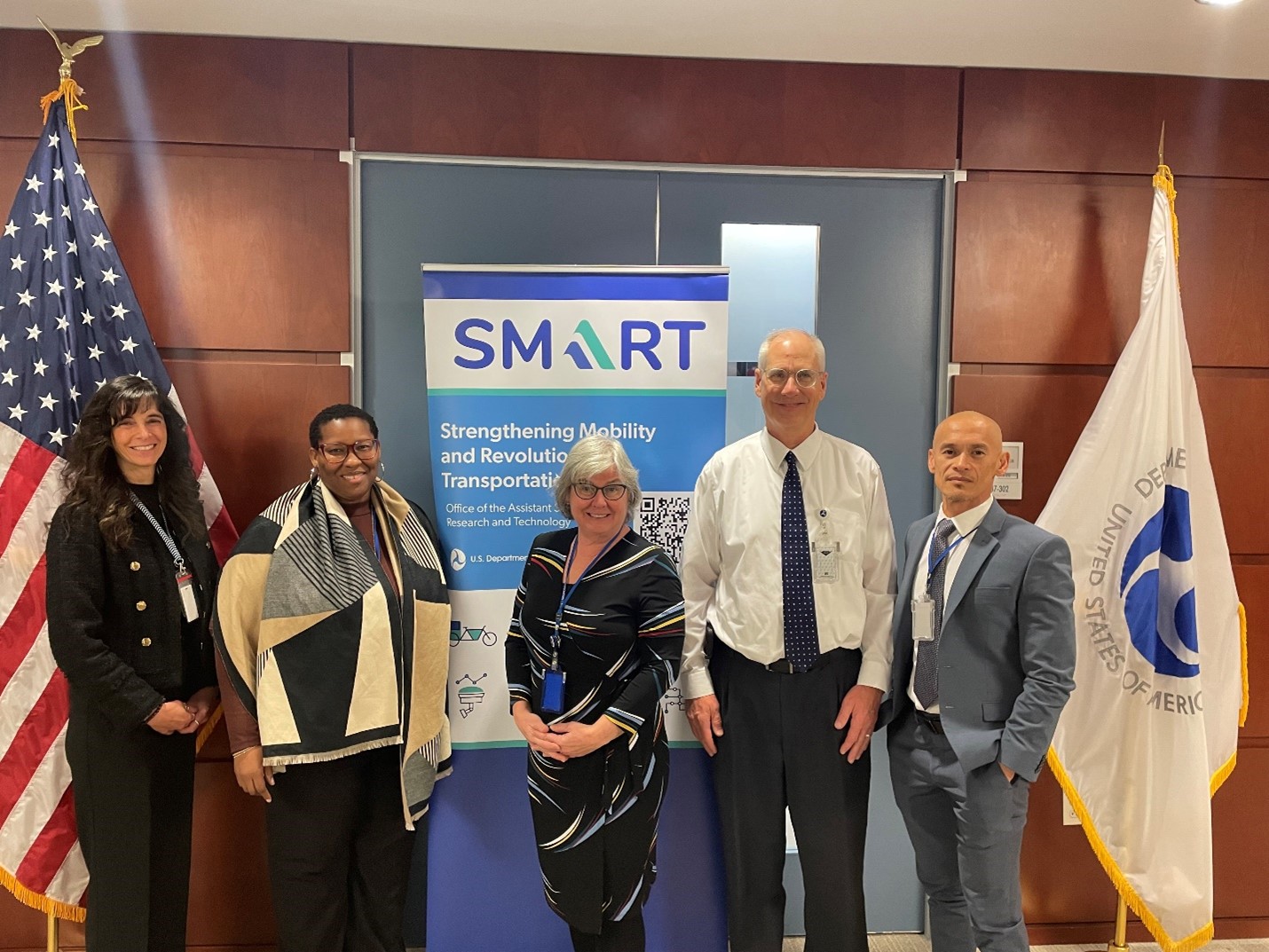 SMART Retreat Attendees including Alfreda Johnson, Raine Pike Thy Nguyen, Stan Caldwell, and Melissa Wong from the Volpe Center, met in Washington, D.C. to plan SMART initiatives for 2026. The team also had an opportunity to meet with modal subject matter experts, OST-R staff and leadership including Seval Oz, Michael Halem, and Lee White, in addition to Assistant Secretary of Tribal Government Affairs, James Crawford.  