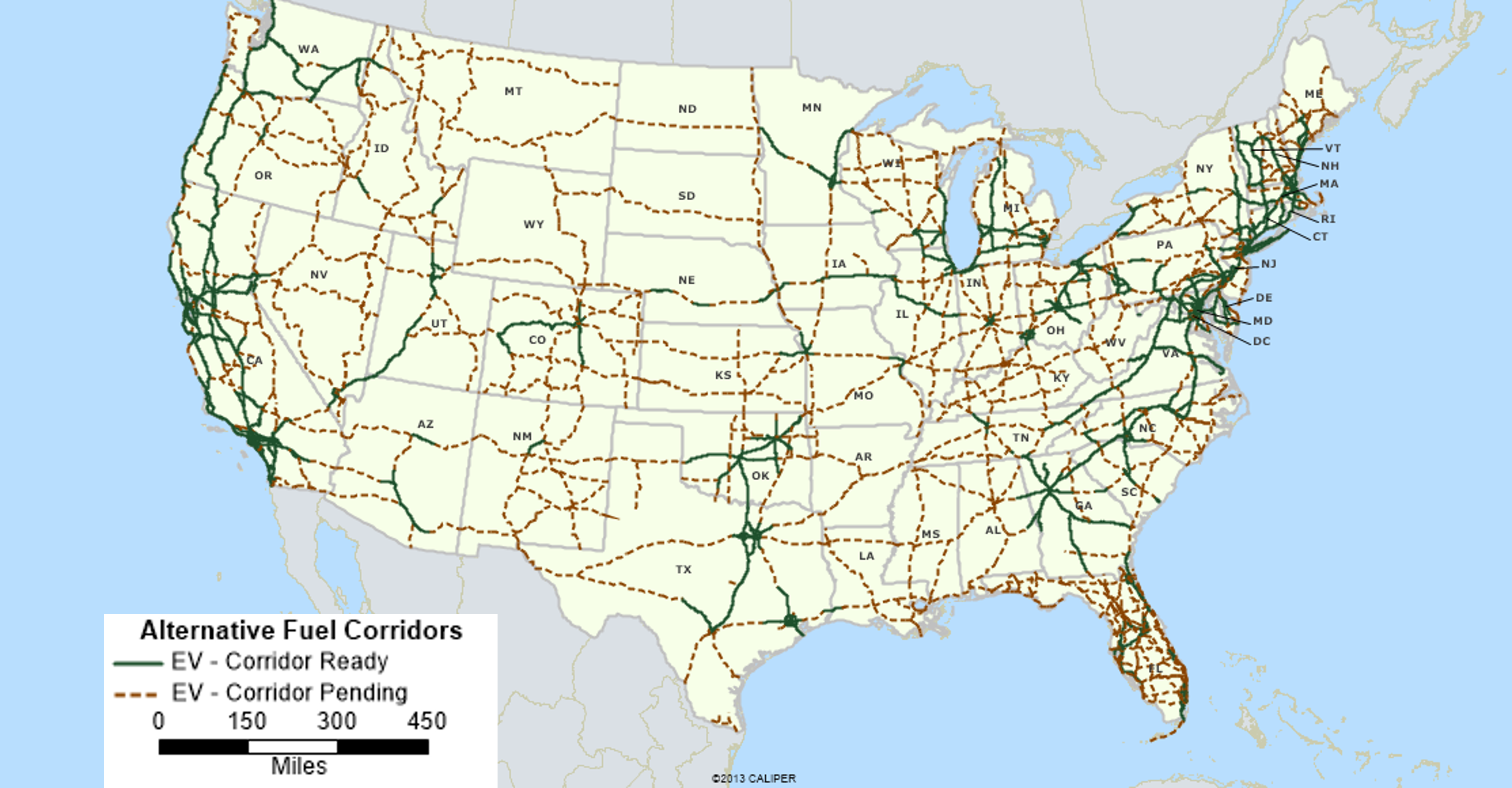 A map of the United States with solid lines across the country designating EV-Corridor Ready alternative fuel corridors and dotted lines designating EV-Corridor Pending alternative fuel corridors.