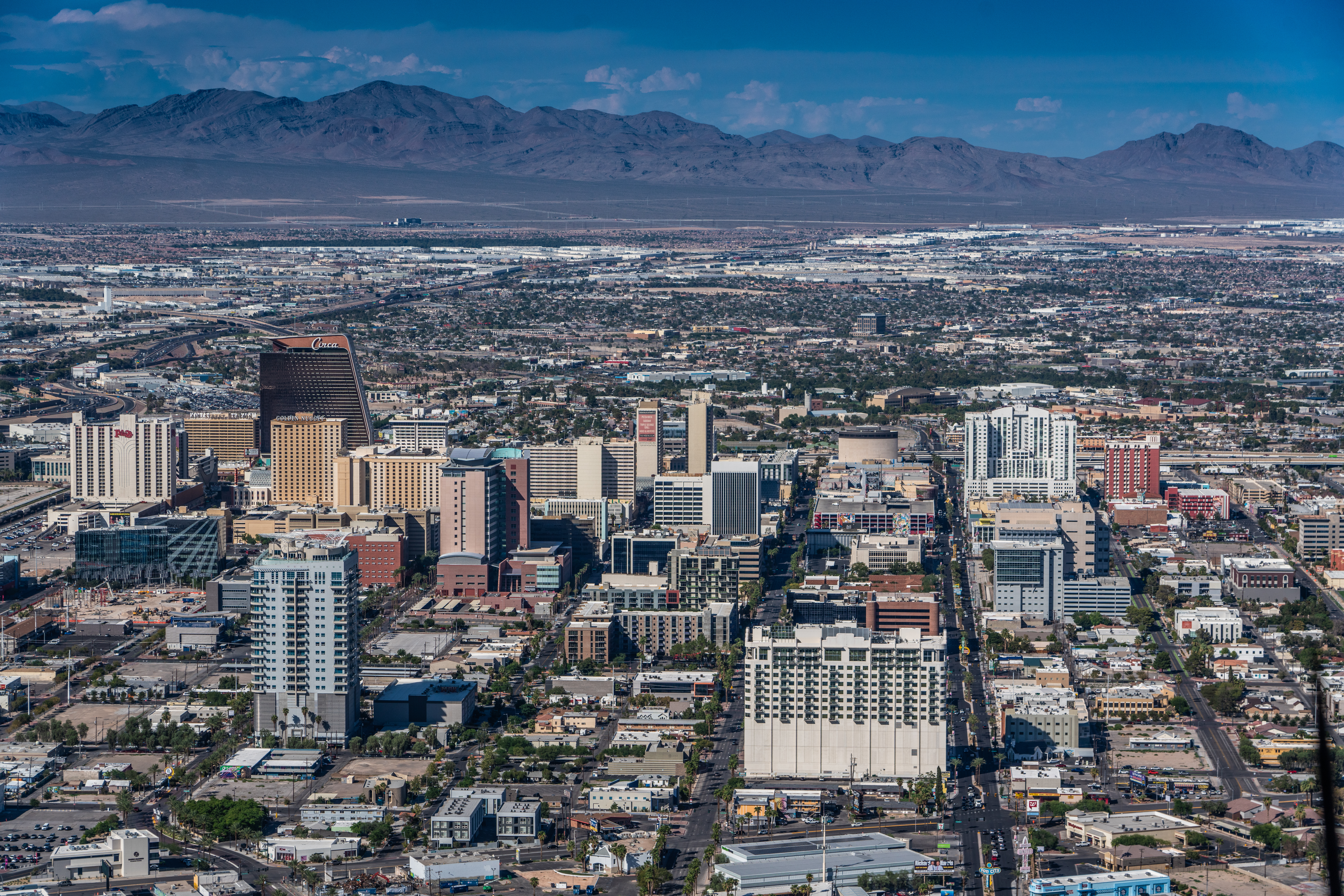 Aerial view of Las Vegas, Nevada, around Fremont Street (Adobe Stock).
