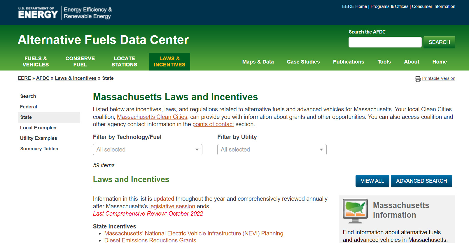 Screenshot of DOE Alternative Fuels Data Center's laws and incentives by state, with Massachusetts data shown as an example.