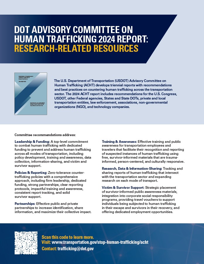 An image of the Research Resources and Recommendations from the DOT Advisory Committee on Human Trafficking 2024 Report document.