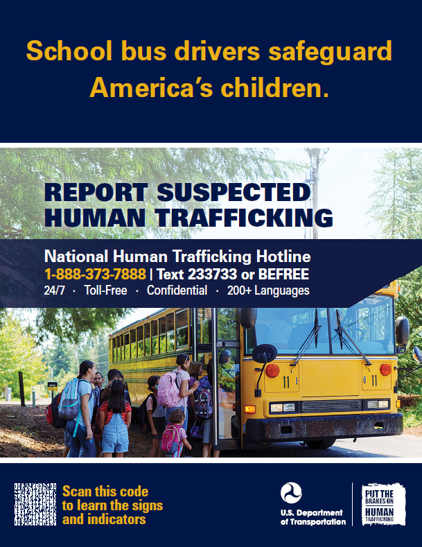 Poster for counter-trafficking, tailored for school buses (English). 