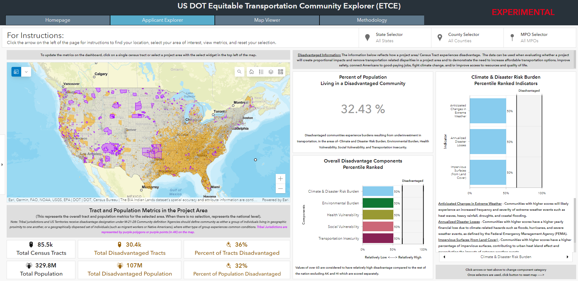 Screenshot of the USDOT Disadvantage Community Tool