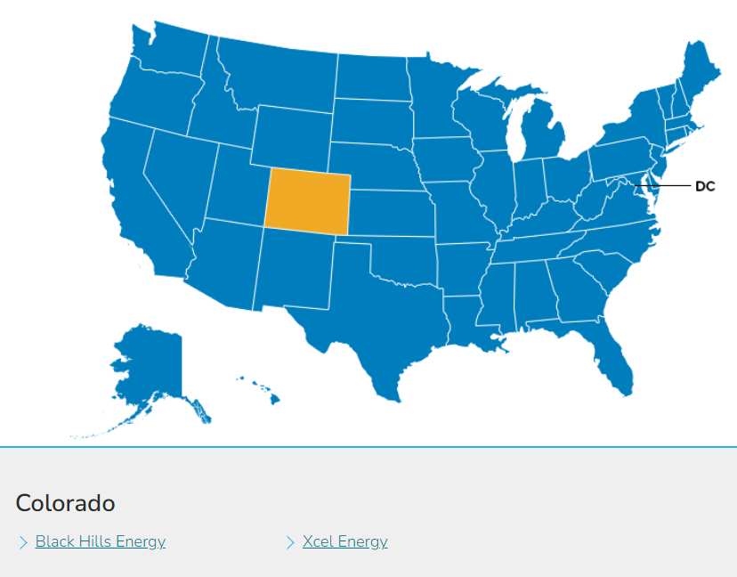 Screenshot of Edison Electric Institute's web portal showing an interactive map of the United States that provides information on the utilities in each state. Colorado is selected on the map and corresponding Colorado data shown as an example.