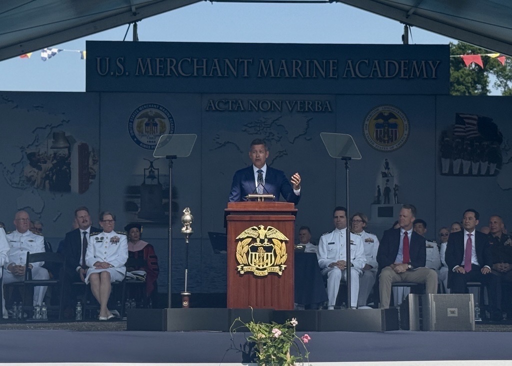 Secretary Duffy giving commencement speech for USMMA Class of 2025