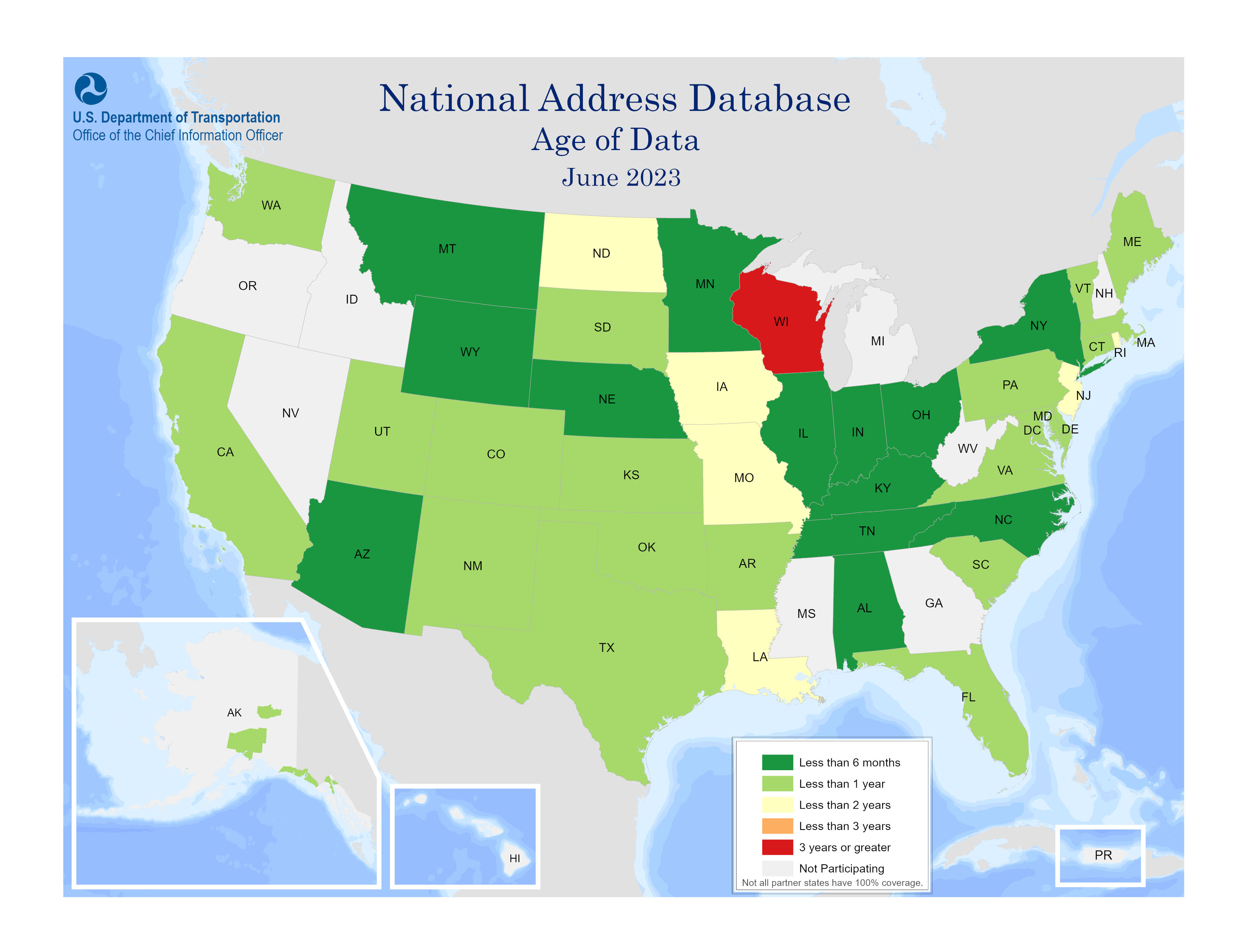 The map includes a color-coded key that identifies age of data submissions in the National Address Database (NAD) by state.