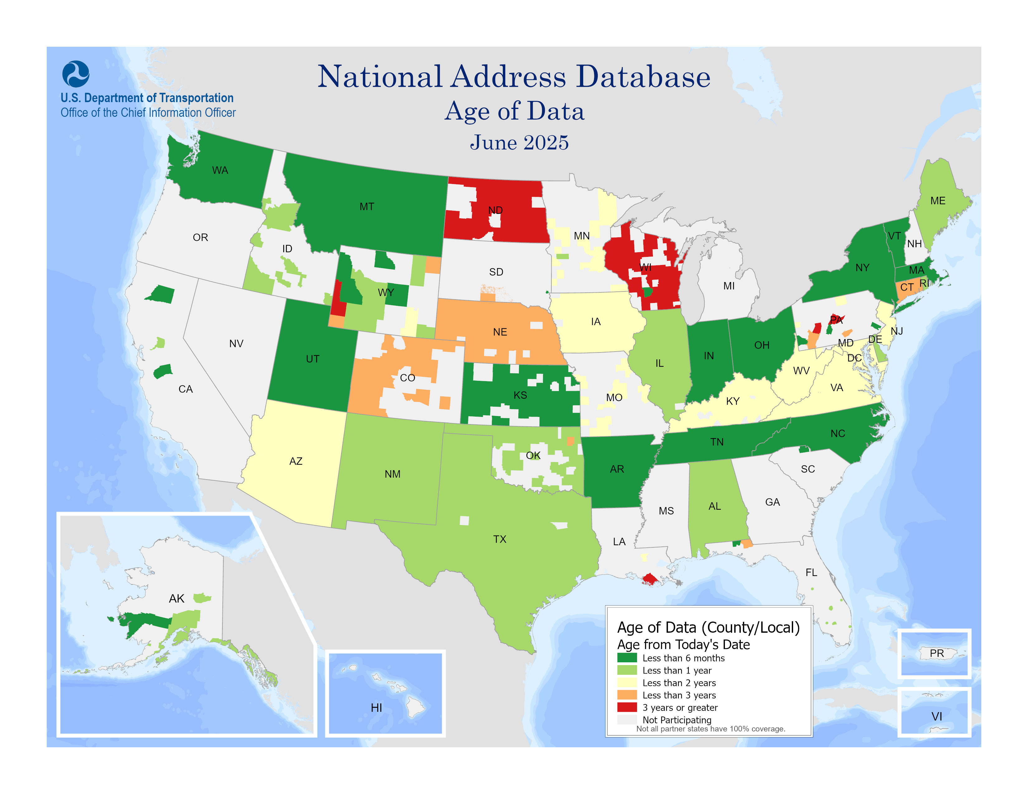 The map includes a color-coded key that identifies age of data submissions in the National Address Database (NAD) by county or local partner.