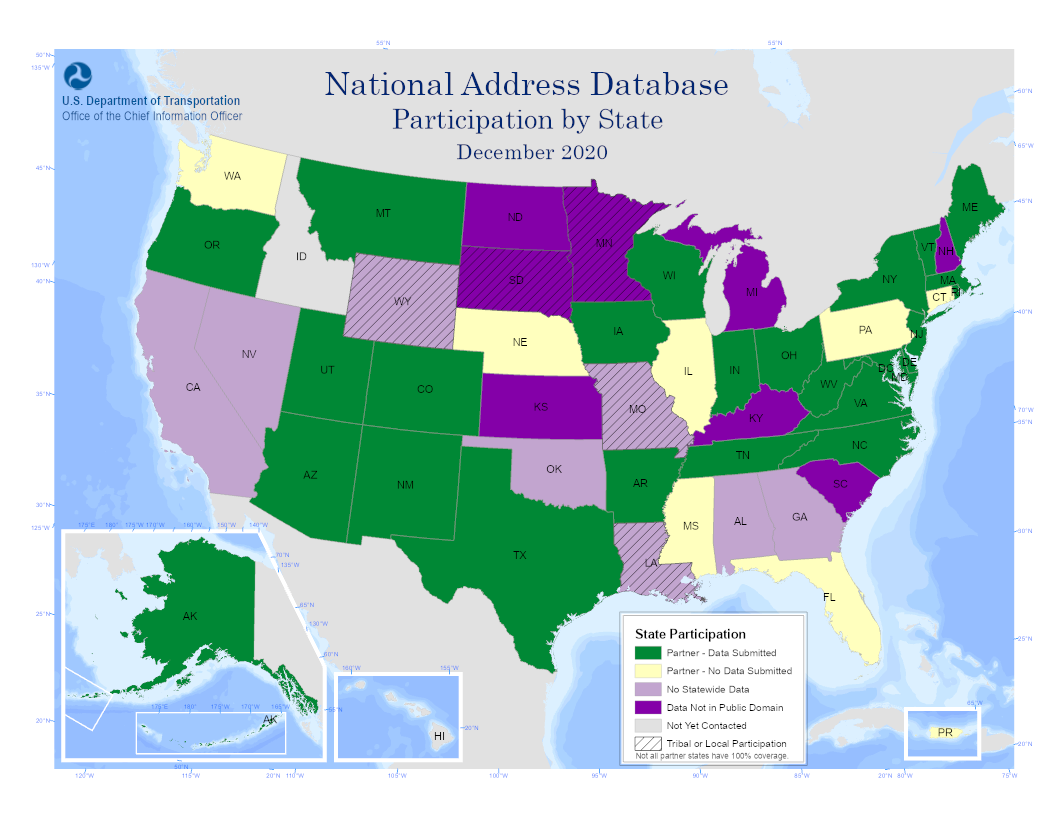 "The map includes a color-coded key that identifies the National Address Database (NAD) partner participation level by state."
