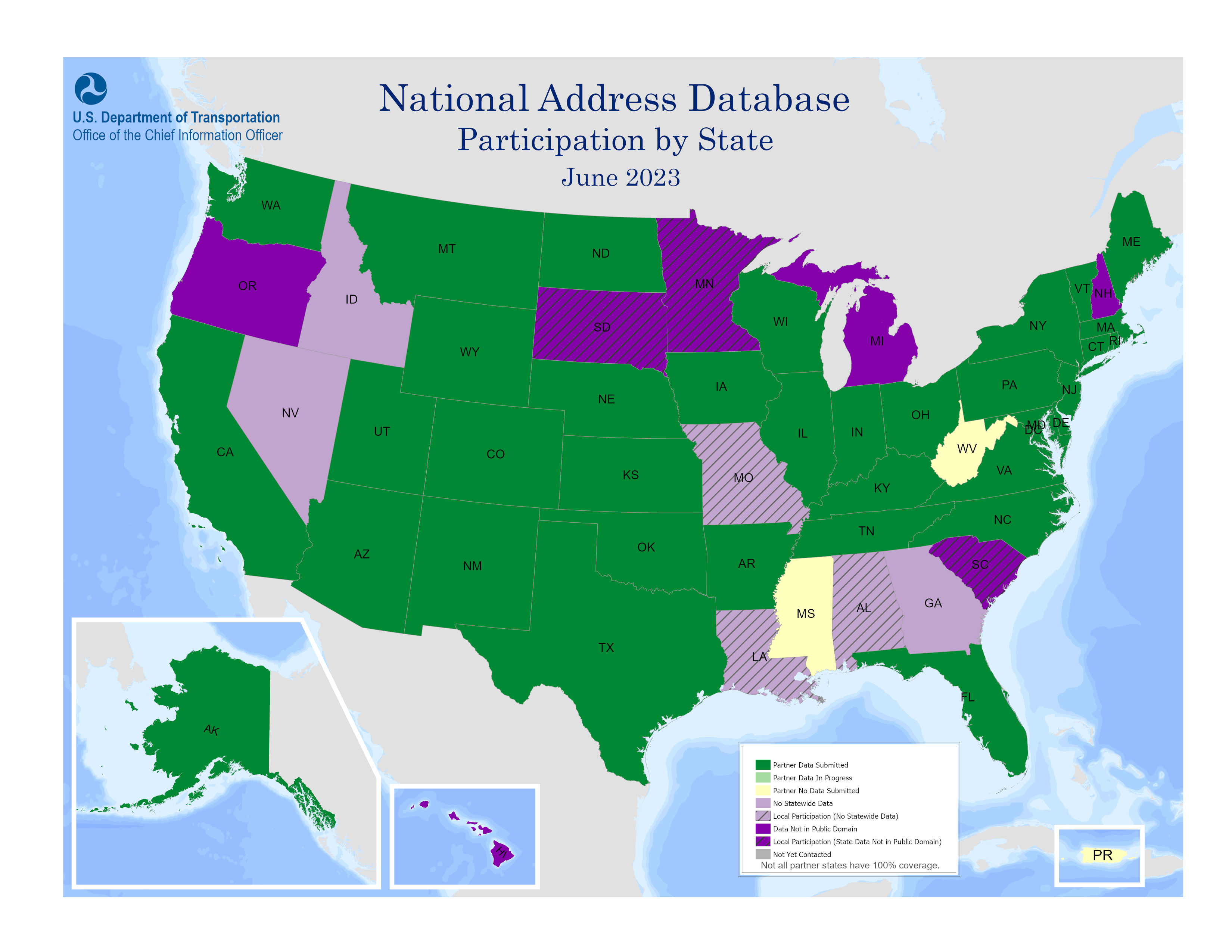 The map includes a color-coded key that identifies the National Address Database (NAD) partner participation by state.