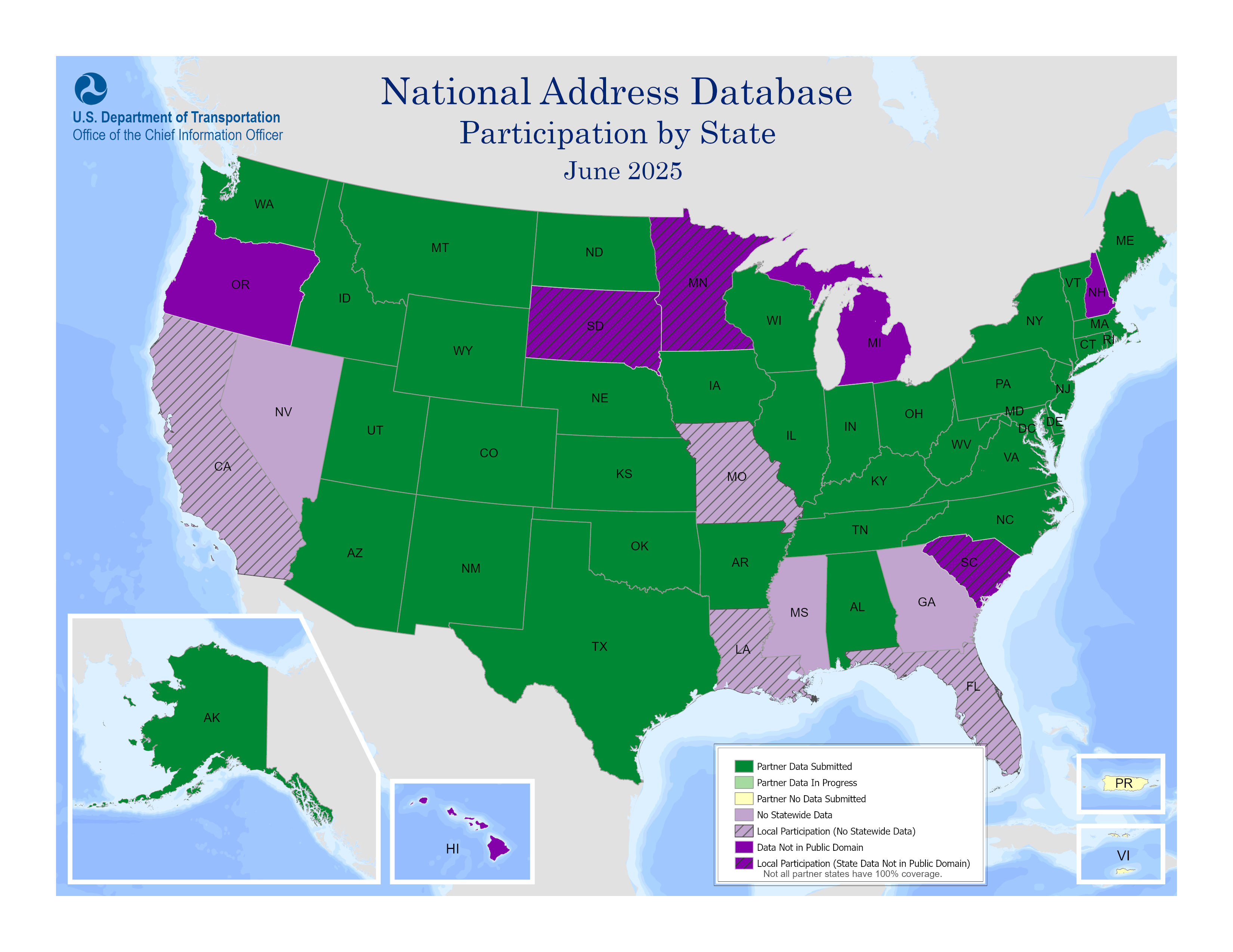 The map includes a color-coded key that identifies the National Address Database (NAD) partner participation by state.
