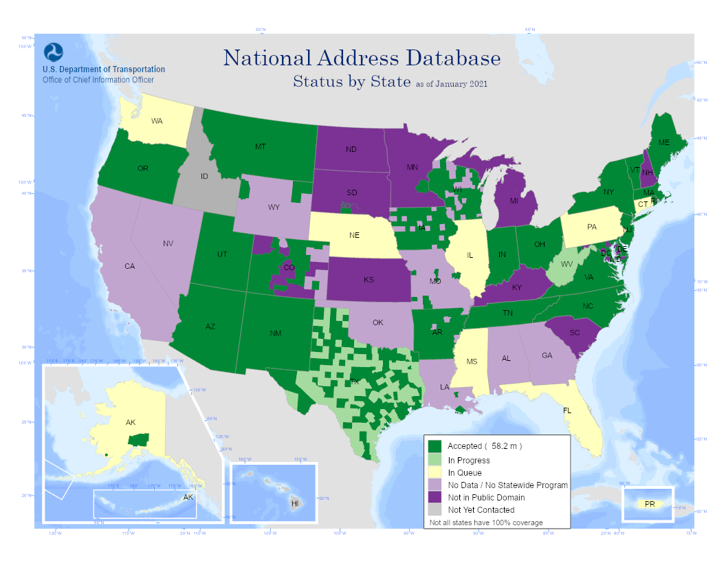 "The map includes a color-coded key that identifies the National Address Database (NAD) processing status level by county."