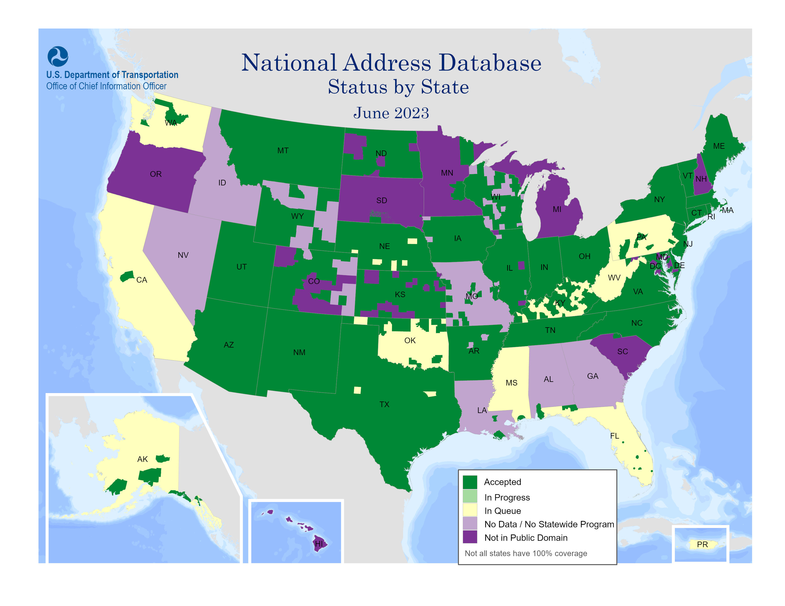 The map includes a color-coded key that identifies the National Address Database (NAD) processing status by county.