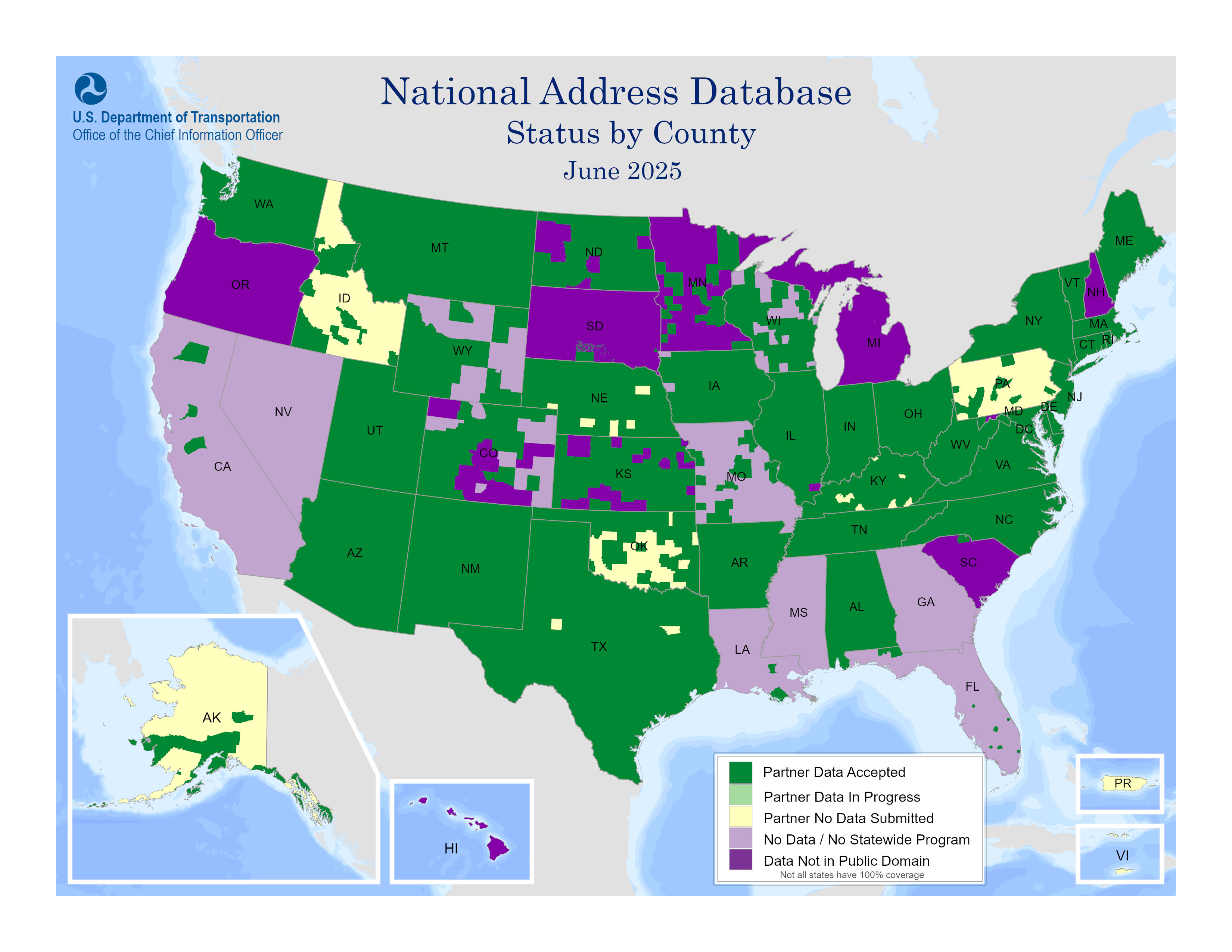The map includes a color-coded key that identifies the National Address Database (NAD) processing status by county.