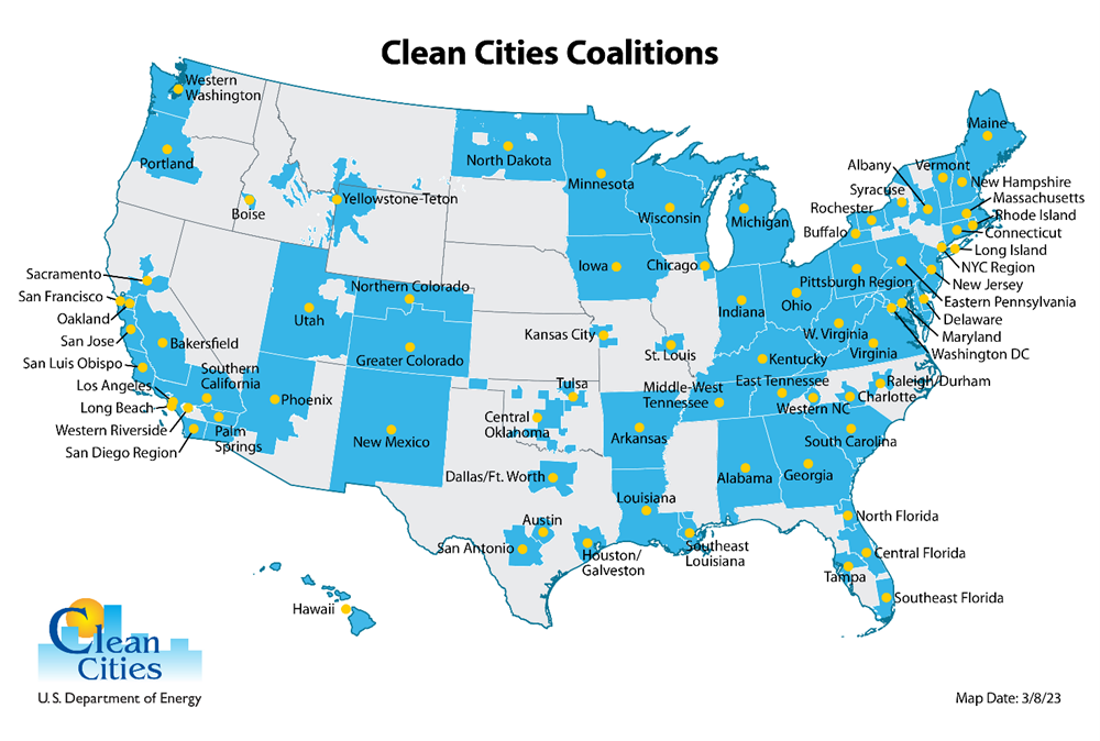 Map of the United States with dots showing the locations of Clean Cities Coalitions and shading to depict the geographic coverage of each coalition