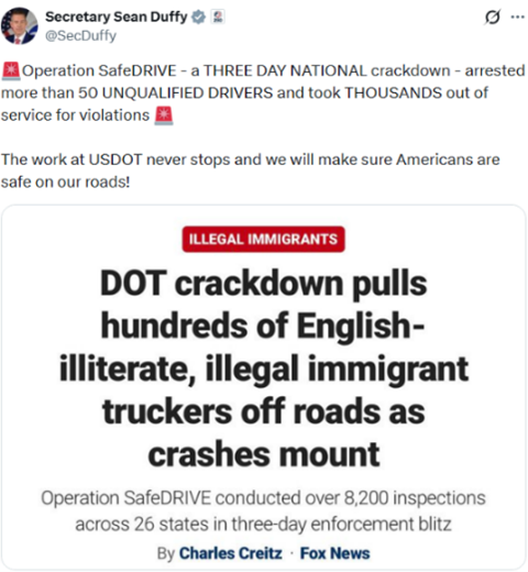 Secretary Duffy X post