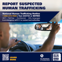 Counter-trafficking graphic, suitable for rideshares, taxis, and limousines.