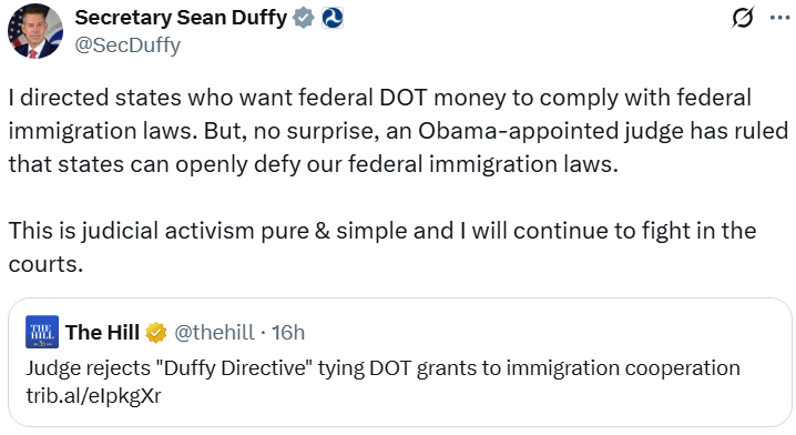 Secretary Duffy X tweet. Click image
