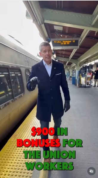Secretary Duffy standing on train platform "$900 in Bonuses For the Union Workers"