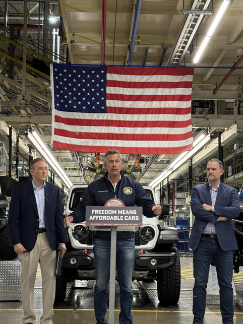 Secretary Duffy giving remarks at Stellantis Plant