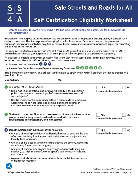 Cover of the SS4A self-certification eligibility worksheet from Table 2 of the NOFO.