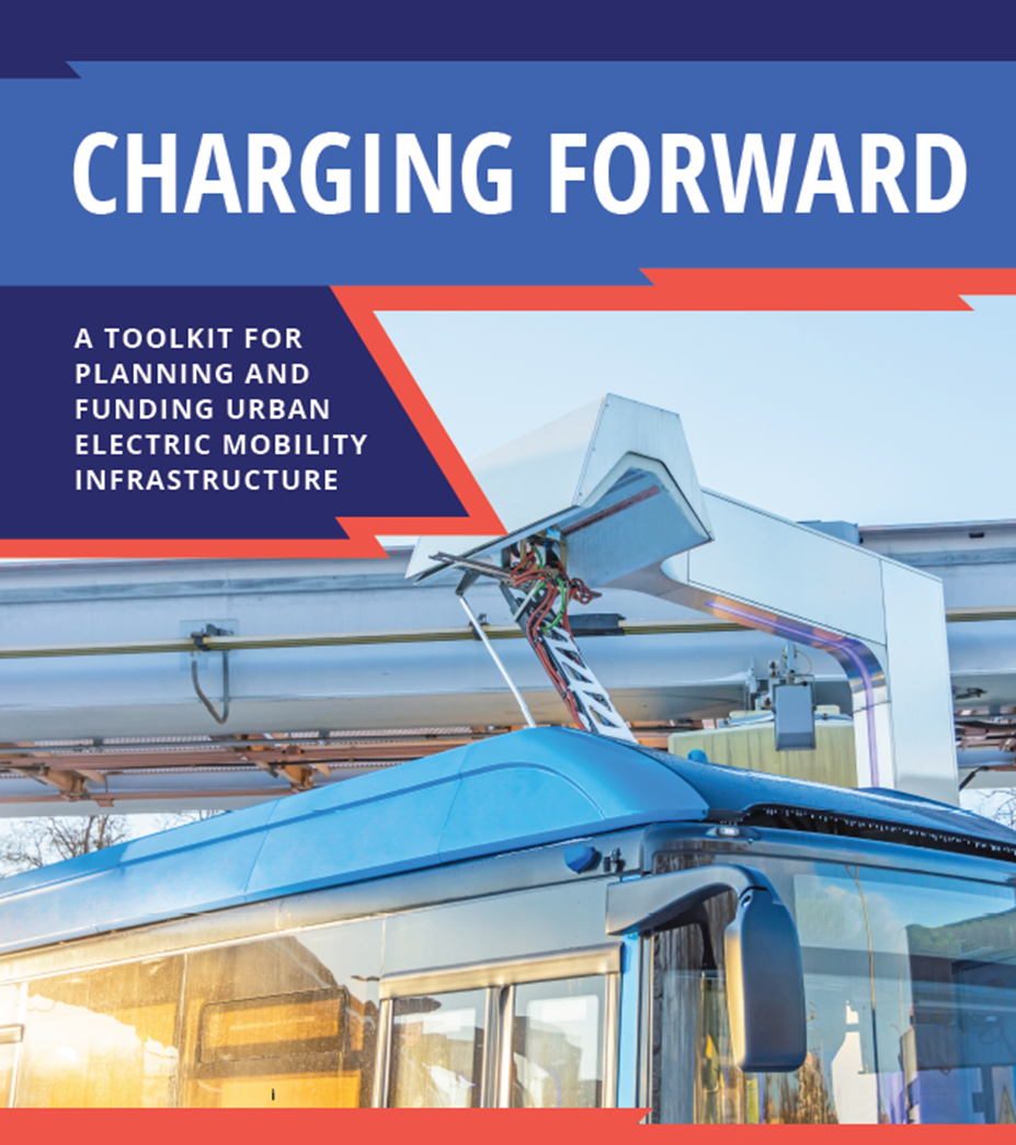 cover of Urban E-Mobility Toolkit showing an electric bus roof attached to catenary wires