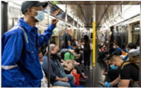 Masked passengers on a train
