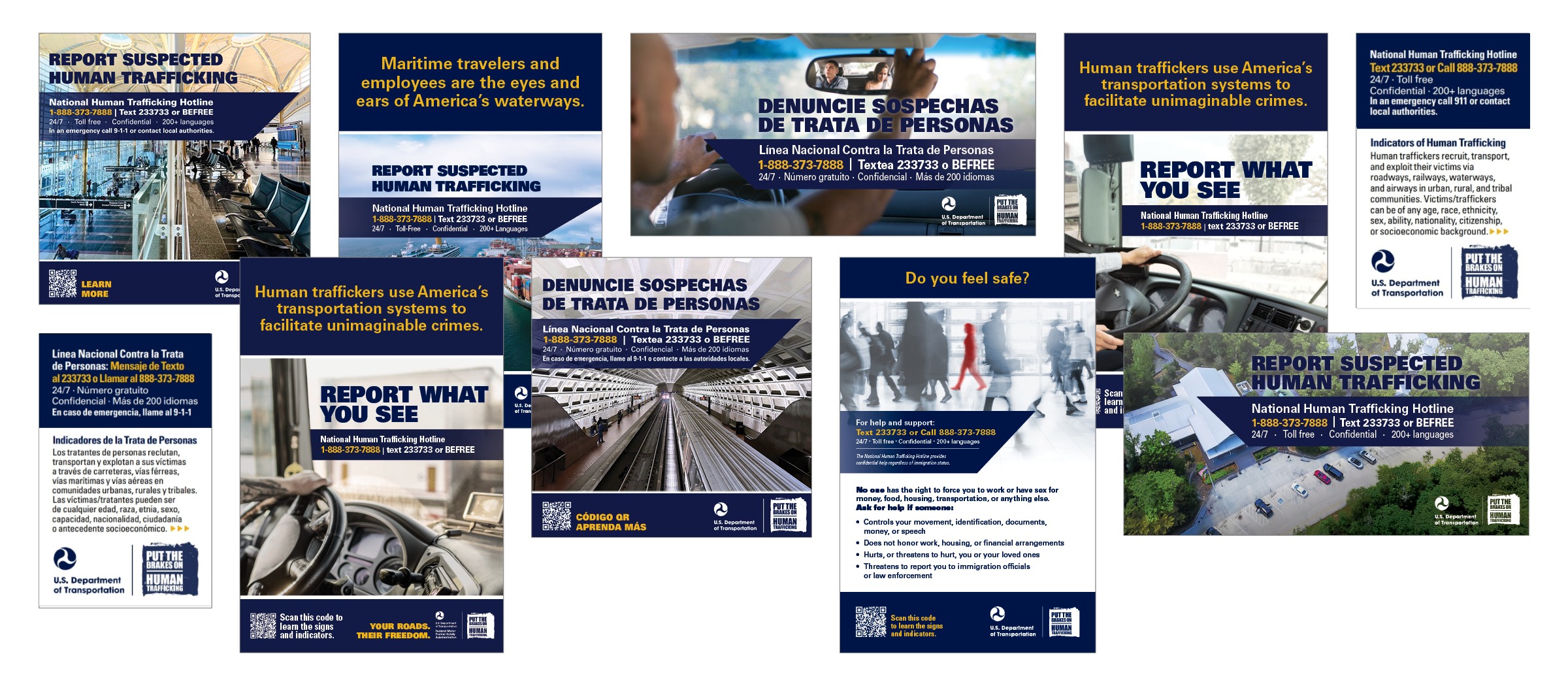 A series of posters that raise awareness about human trafficking in transportation and provide information on how to report suspected human trafficking.