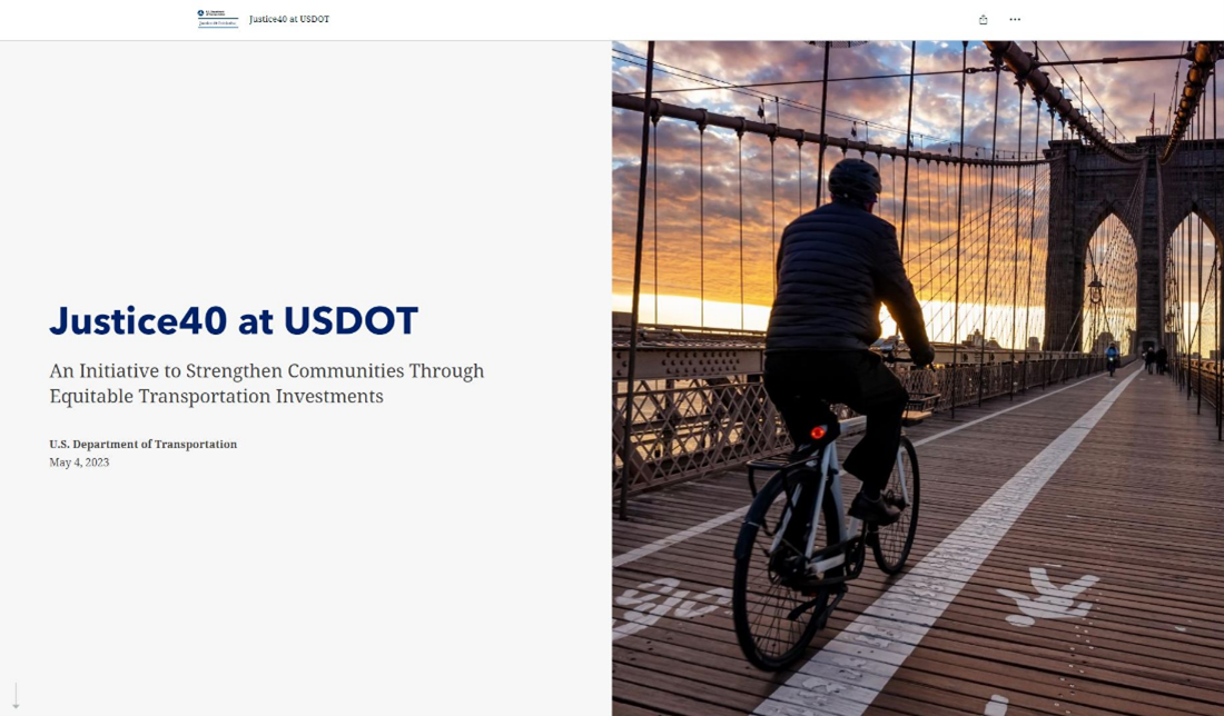 Image of the homepage of the Justice40 Story Map with a man riding a bicycle on a bridge