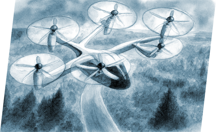 Advanced Air Mobility Aircraft with 5 upward facing propellers flying in the sky