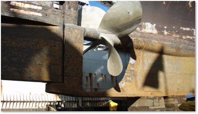 Ship propeller in a dry dock area