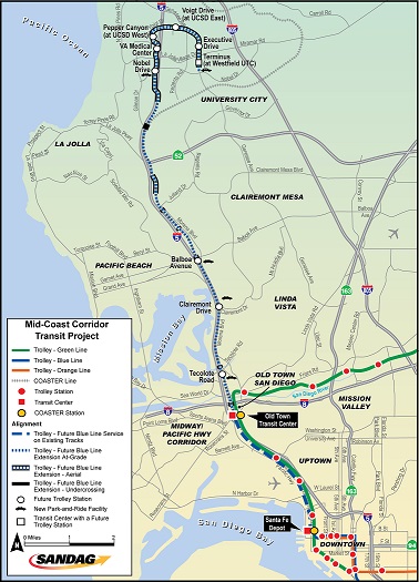 A map of the existing and proposed Mid-Coast Corridor