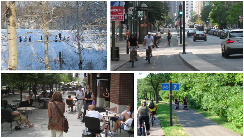 A collage of  four photos depicting a wintery scene of ice skaters, people riding bikes, people sitting at cafe. people riding and walking a trail