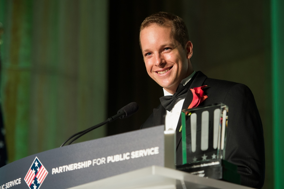 Photo of Adam Schildge at the Sammies 2015 award podium