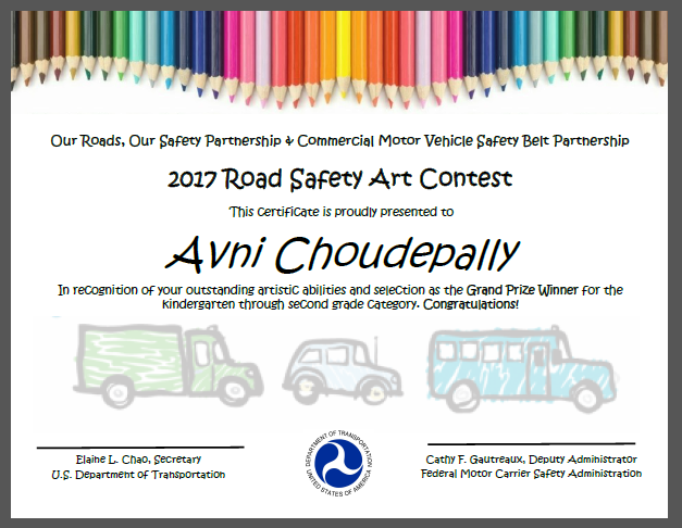 2017 Road Safety Student Art Contest Certificate