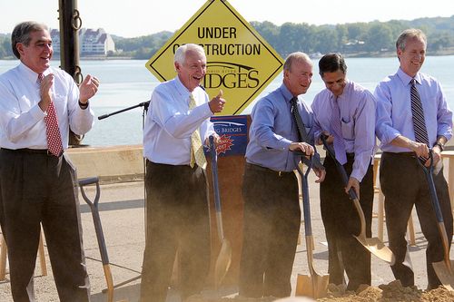 Photo of Governors Beshear and Daniels breaking ground on Ohio River Bridges project
