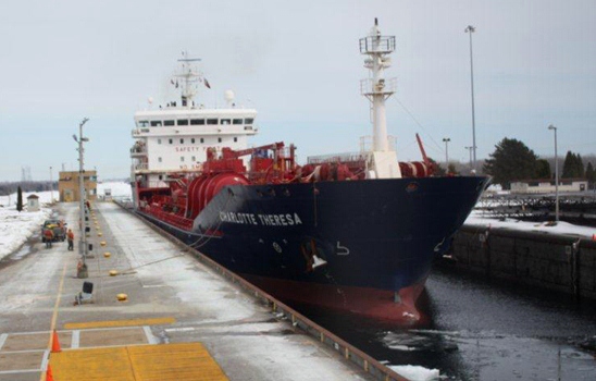 Photo of the Charlotte Theresa, first vessel to transit Eisenhower Lock in 2014 season