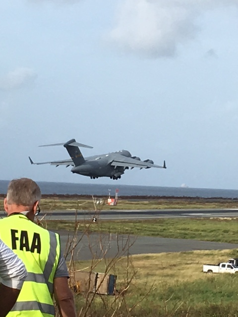 Airplane taking off from air strip in US Virgin Islands