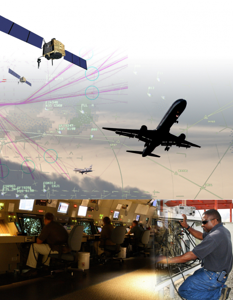 Decorative image of satellites and airplanes