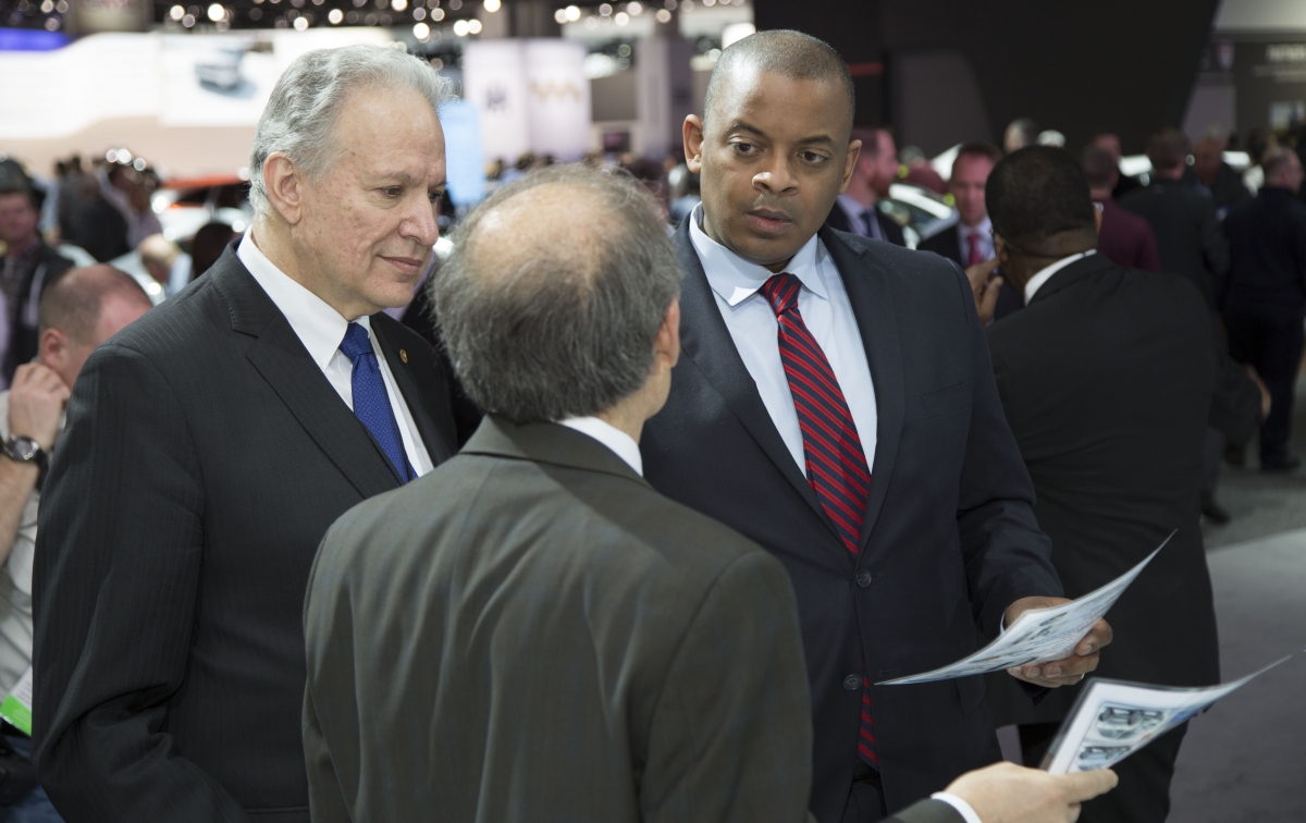 Secretary Foxx walks the Detroit Auto Show with NHTSA Administrator Mark Rosekind