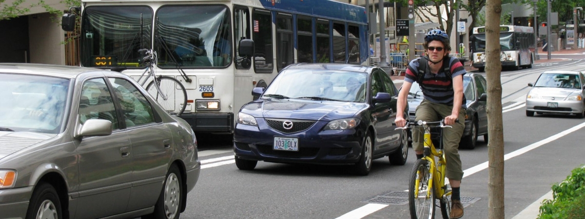 Portland street with biker
